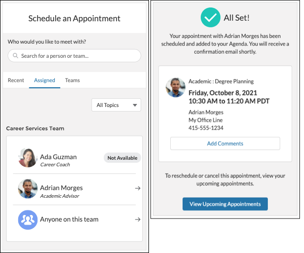 The staff member selection page (left) and the appointment scheduled page (right) of the SSH Scheduling Wizard