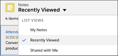 The Notes list view selector showing list view options