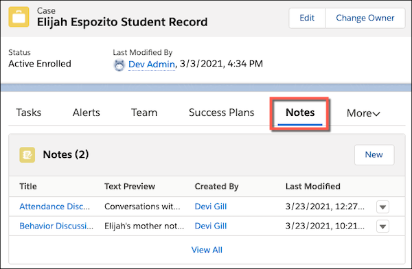 Go to the Notes tab on the student record