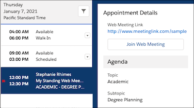 An appointment selected in the Appointment Manager and the Join Web Meeting button in the Appointment Details panel