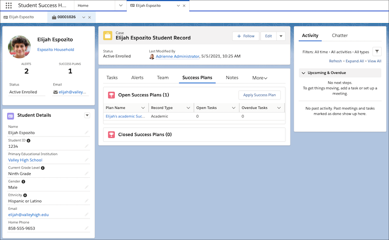 A Student Record Case page in the Student Success Hub app