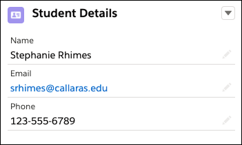 A customized Student Details component showing the student's Name, Email, and Phone