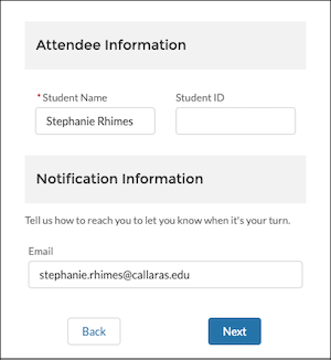 The queue waiting room self check-in form with the Student Name and Email fields populated