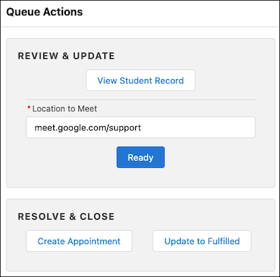 The Queue Actions panel with a web meeting URL in the Location to Meet field