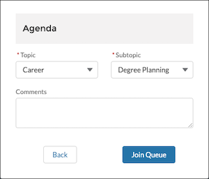 Queue waiting room check-in form with Agenda fields and Join Queue button