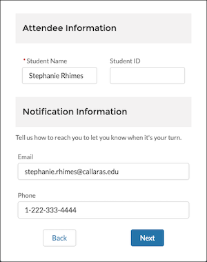 Queue waiting room check-in form with Attendee Information and Notification Information fields