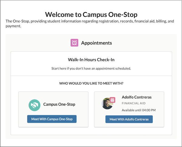 Queue waiting room check-in form with options to select a Support Pool or support staff member