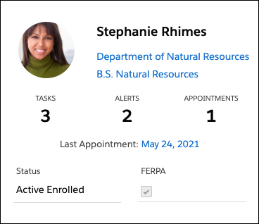The higher ed Student Snapshot component