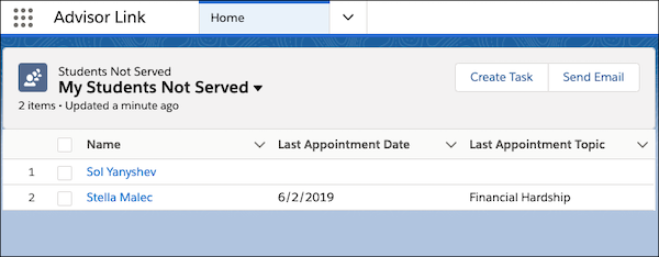 The Students Not Served component showing the list of My Students Not Served on the Student Success Hub Home page