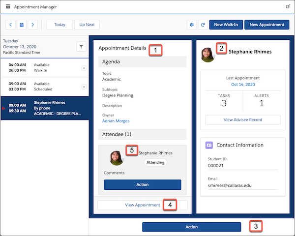 The Appointment Manager with call-outs on the Appointment Details panel, the Attendee Snapshot panel, the appointment Action button, the attendee Action button, and the View Appointment button