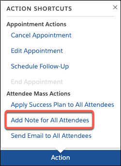 The appointment Action menu with a call-out on the Add Note for All Attendees option