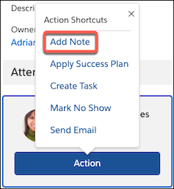 The appointment attendee Action menu with a call-out on the Add Note option
