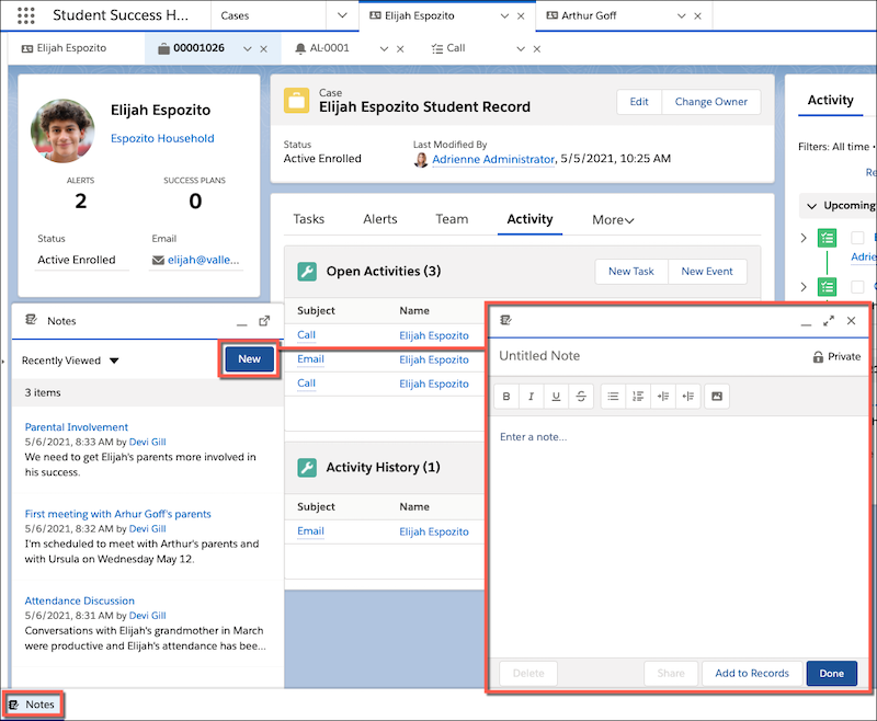 A call-out on the Notes window open over a student record, and a call-out on Notes in the utility bar