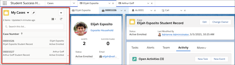 Split-view mode expanded on a student record Case