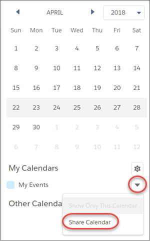 Share Calendar option in the action menu next to My Events calendar