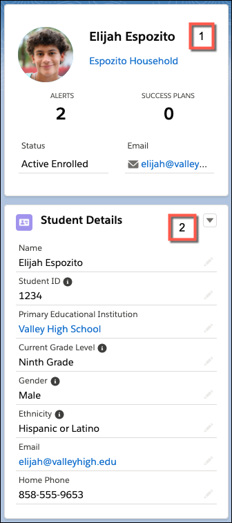 The Student Snapshot component and the Student Details panel, showing Contact and Case record data