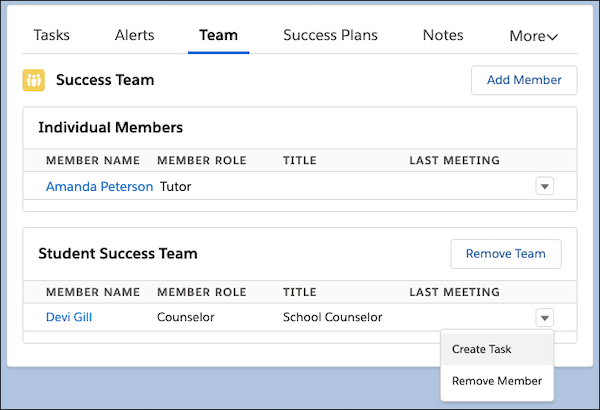 The action menu on the Student Success Team related list, showing two options: Create Task and Remove Member