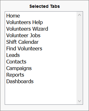 A list of selected tabs for the app