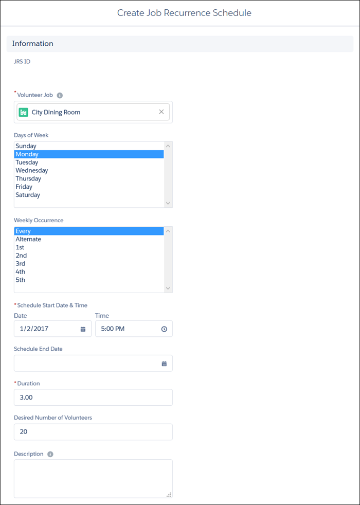 Create Job Recurrence Schedule form