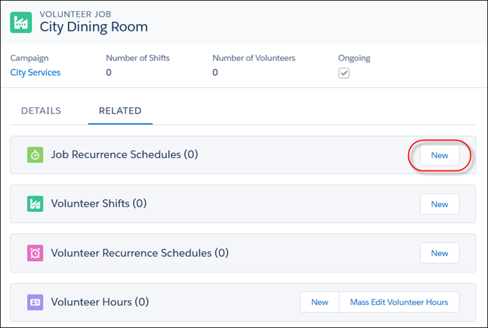 New button on the Job Recurrence Schedules related list