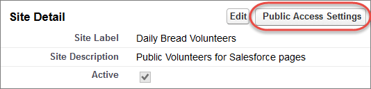 Public Access Settings button on the Site Detail page