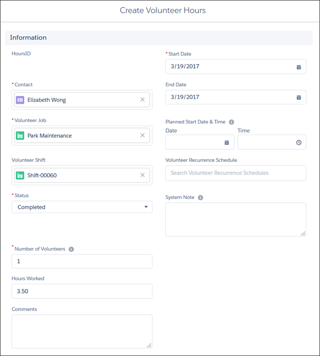 Create Volunteer Hours record