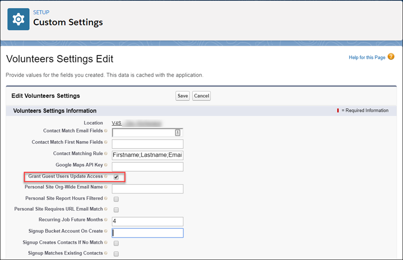 Volunteers Custom Settings with the Grant Guest Users Update Access box outlined in red