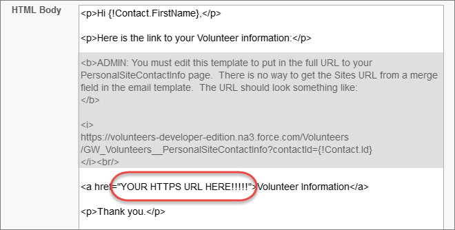 HTML email body with a placeholder for the URL
