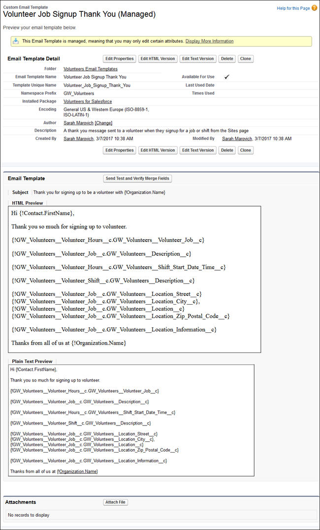The Volunteers for Salesforce thank you email template