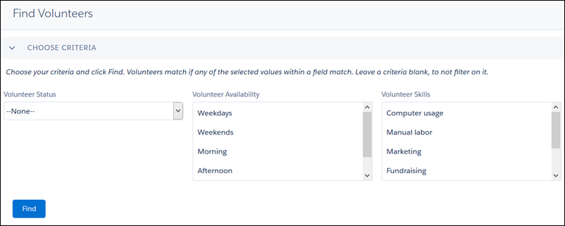 Find Volunteers page