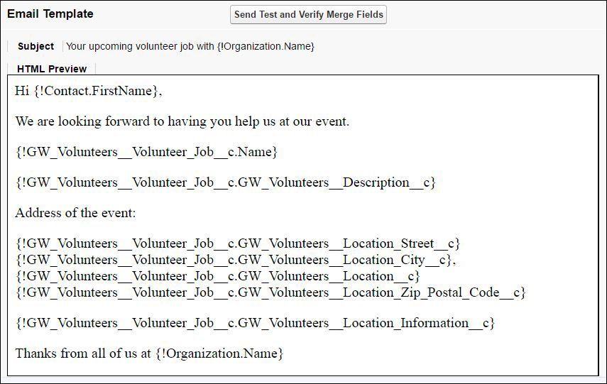 HTML preview of the Volunteer Job Reminder email