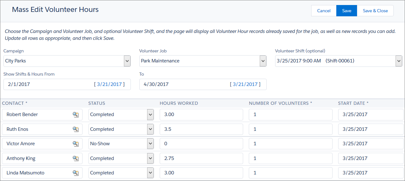 Changing the Hours Worked on the Mass Edit Volunteer Hours page