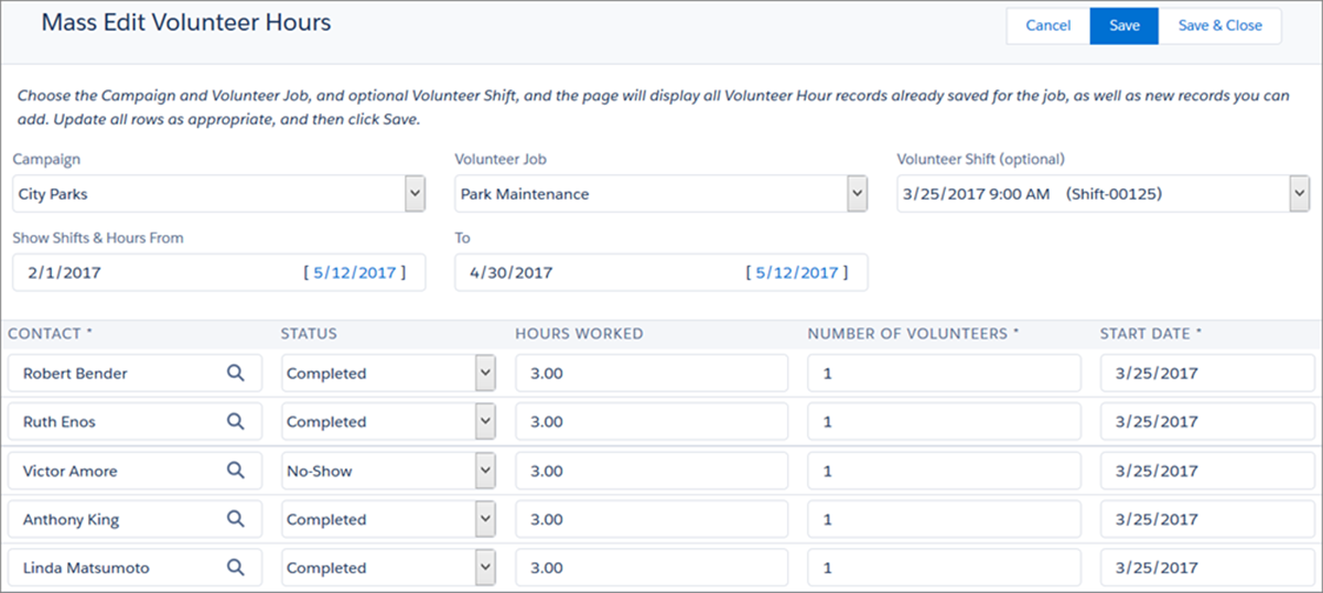 Mass Edit Volunteer Hours page populated with volunteers