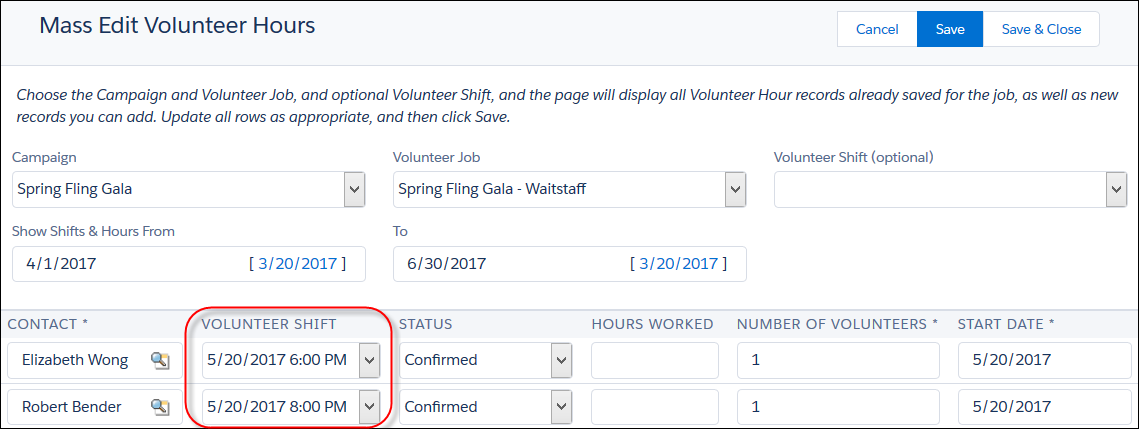 Higlighting the Volunteer Shift on the Mass Edit Volunteer Hours record
