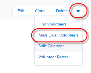 Selecting Mass Email Volunteers from the drop-down menu