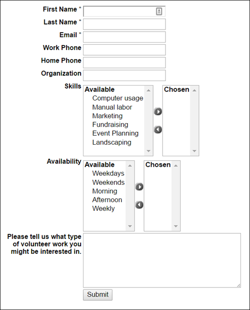 Website page for volunteers to express interest in volunteering