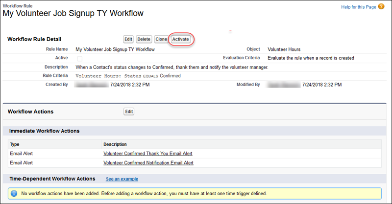 The Workflow Rule created using the steps in this document, with the Activate button highlighted