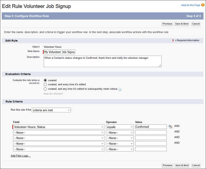 Setting the Rule Criteria for the Volunteer Job Signup workflow rule