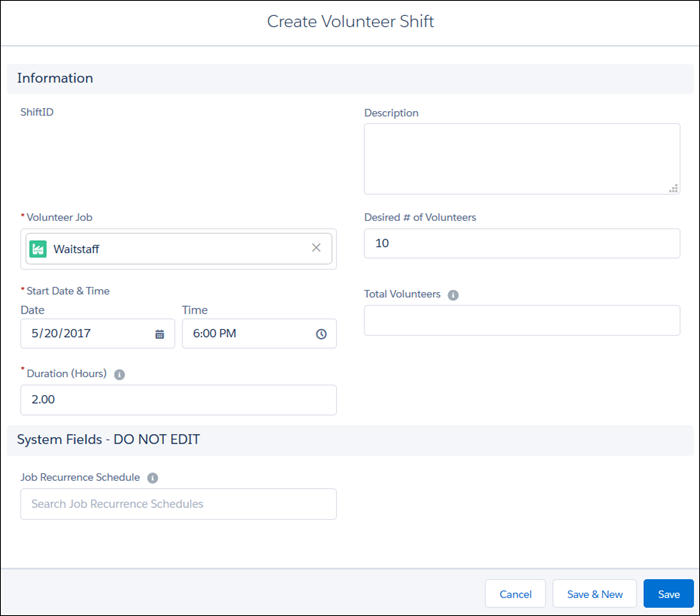 Creating Volunteer Shift form