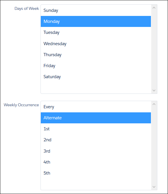 VRS days of the week and weekly occurrence