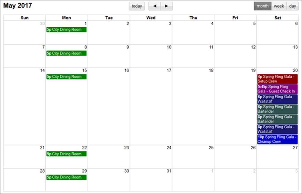 Job and Shift listsings on a calendar view