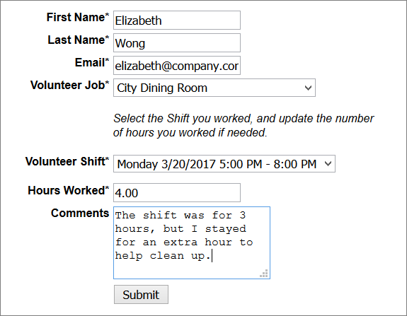 Form to report volunteer hours on the website