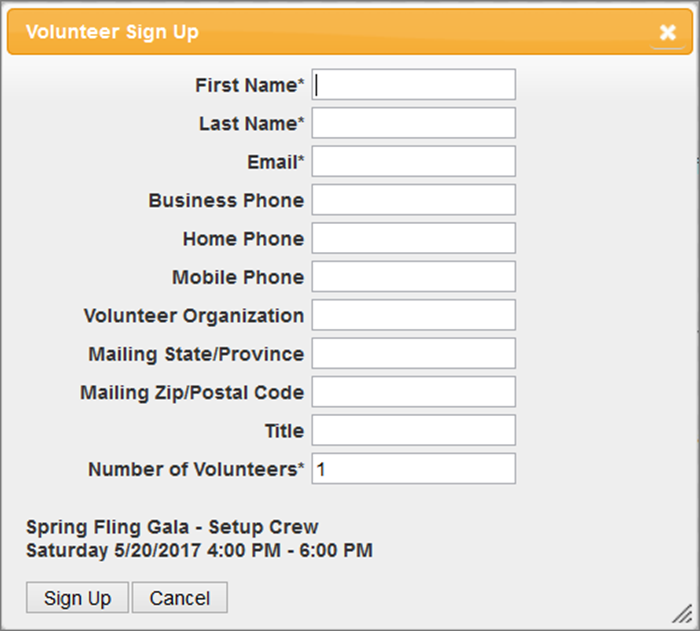 Signup form on the website