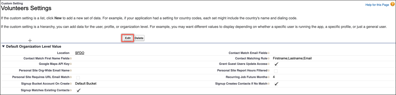 Edit button in Volunteer Settings