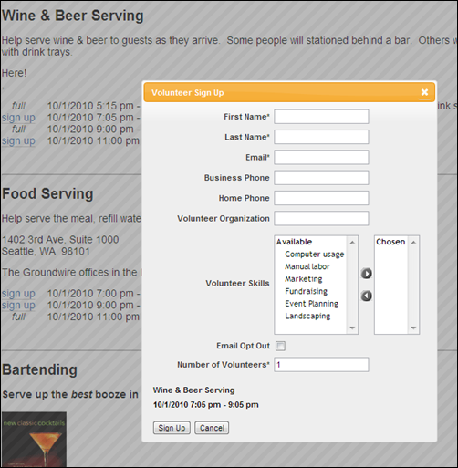 Volunteer Sign Up form on the Job Listings page