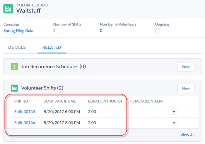 Volunteer Shifts listed on the Volunteer Job record