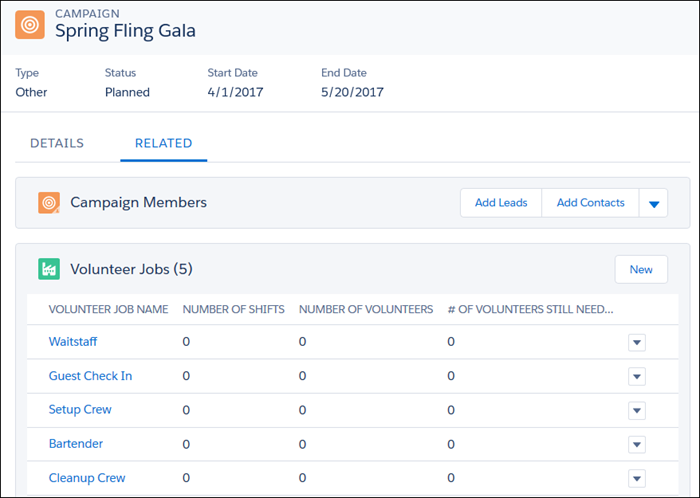 Volunteer jobs listed on the campaign