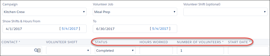 Fields on the Mass Edit Volunteer Hours page controlled by the MassEditVolunteerHours field set