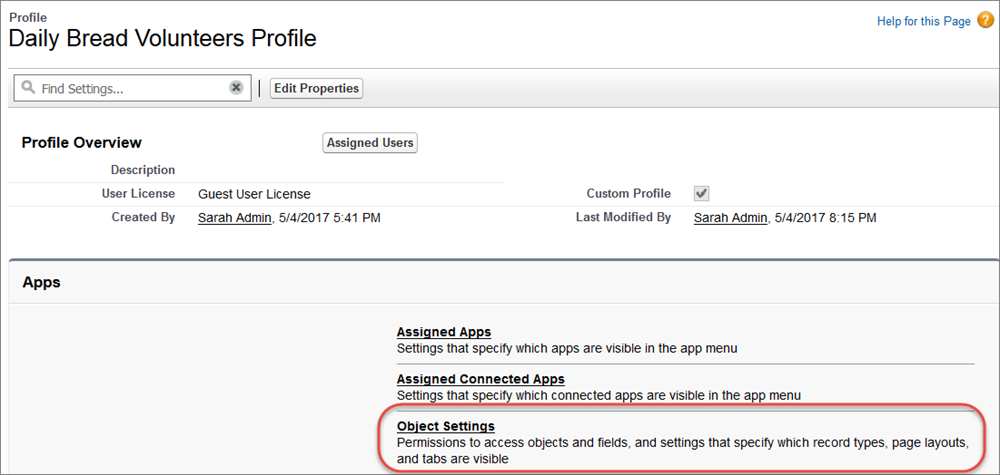 Objects Settings on the Site Guest User profile
