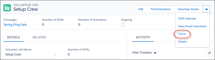 Clone button on the Volunteer Job
